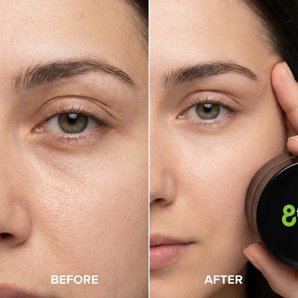 Before and after comparison of a woman's face with a skincare product.