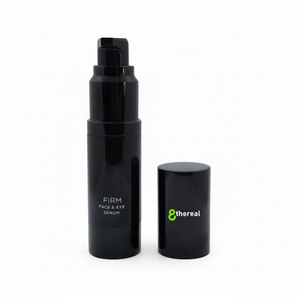 Black serum bottle with cap on a white background